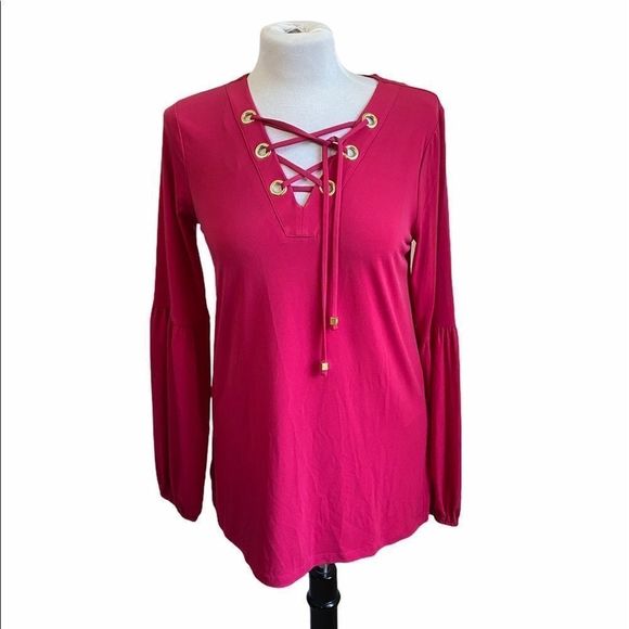 MICHAEL Michael Kors Raspberry Gold Grommet Lace Up‎ Top Blouse S/M - Picture 4 of 12